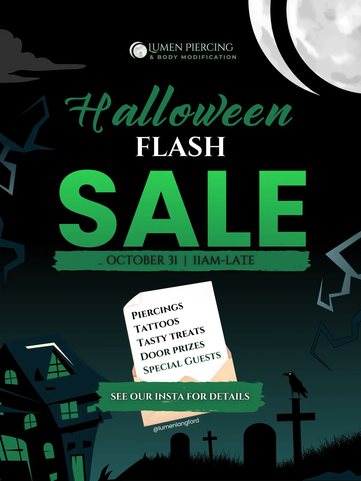 Halloween Flash Sale poster: October 31, 11am to late. Piercings, tattoos, tasty treats, door prizes and special guests
