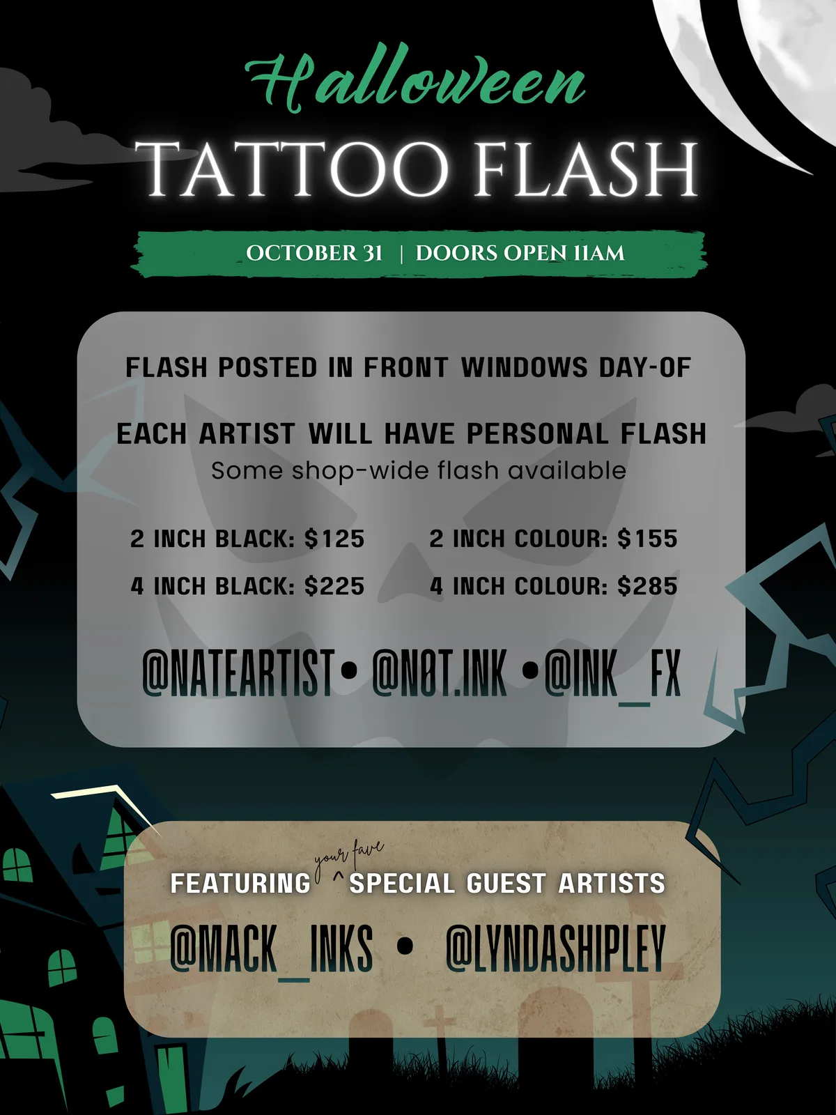Halloween Tattoo Flash poster: 2 inch black $125, 2 inch colour $155, 4 inch black $225, 4 inch colour $285. Doors open 11am