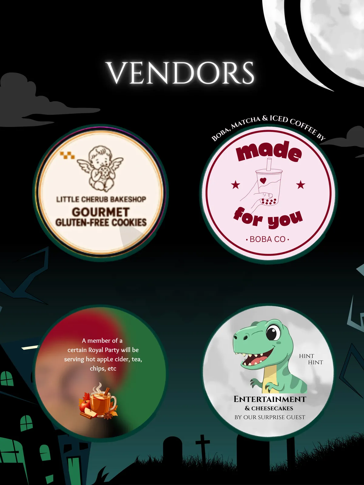 Halloween Flash Day vendors poster: Little Cherub Bakeshop, Made For You Boba Co, hot apple cider and a surprise guest