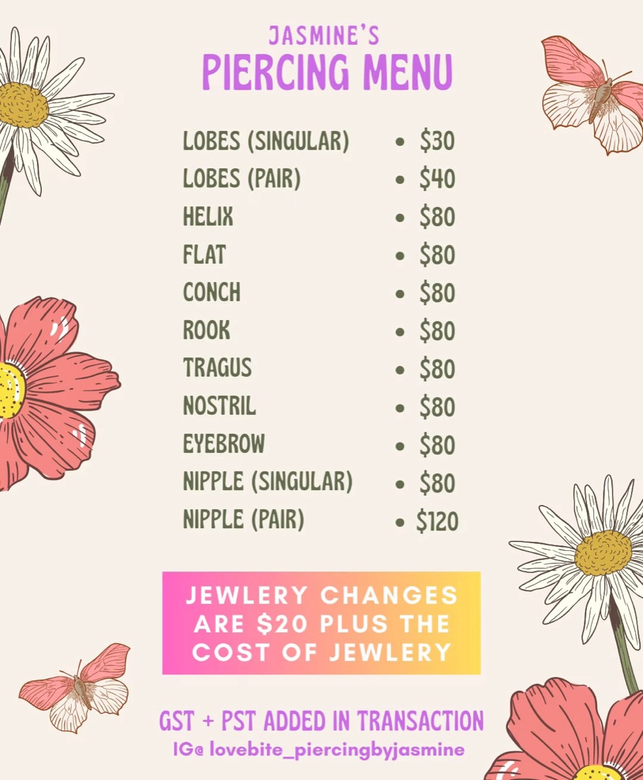 Jasmine's piercing menu