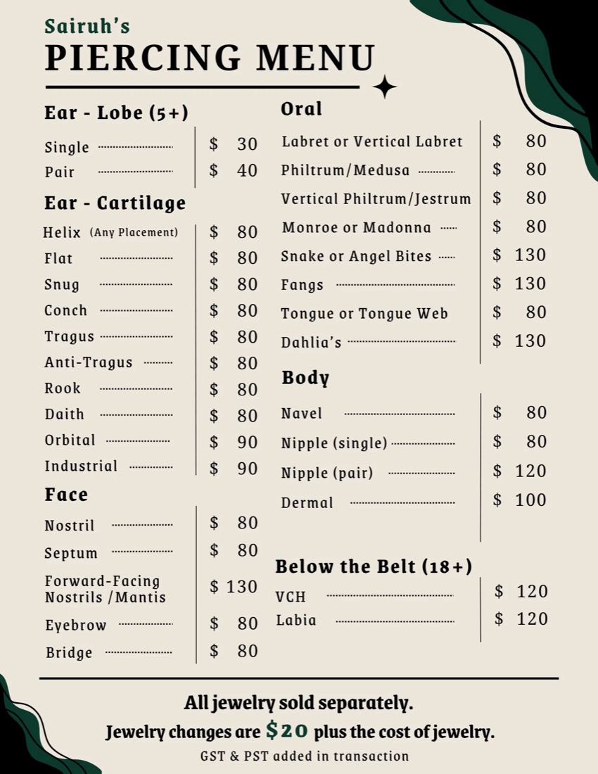 Sairuh's piercing menu